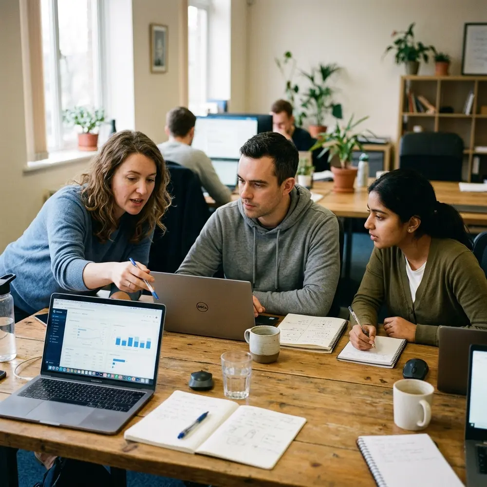 A small team of three people around a table with laptops and notebooks reviewing something on screen together in a modern office space
