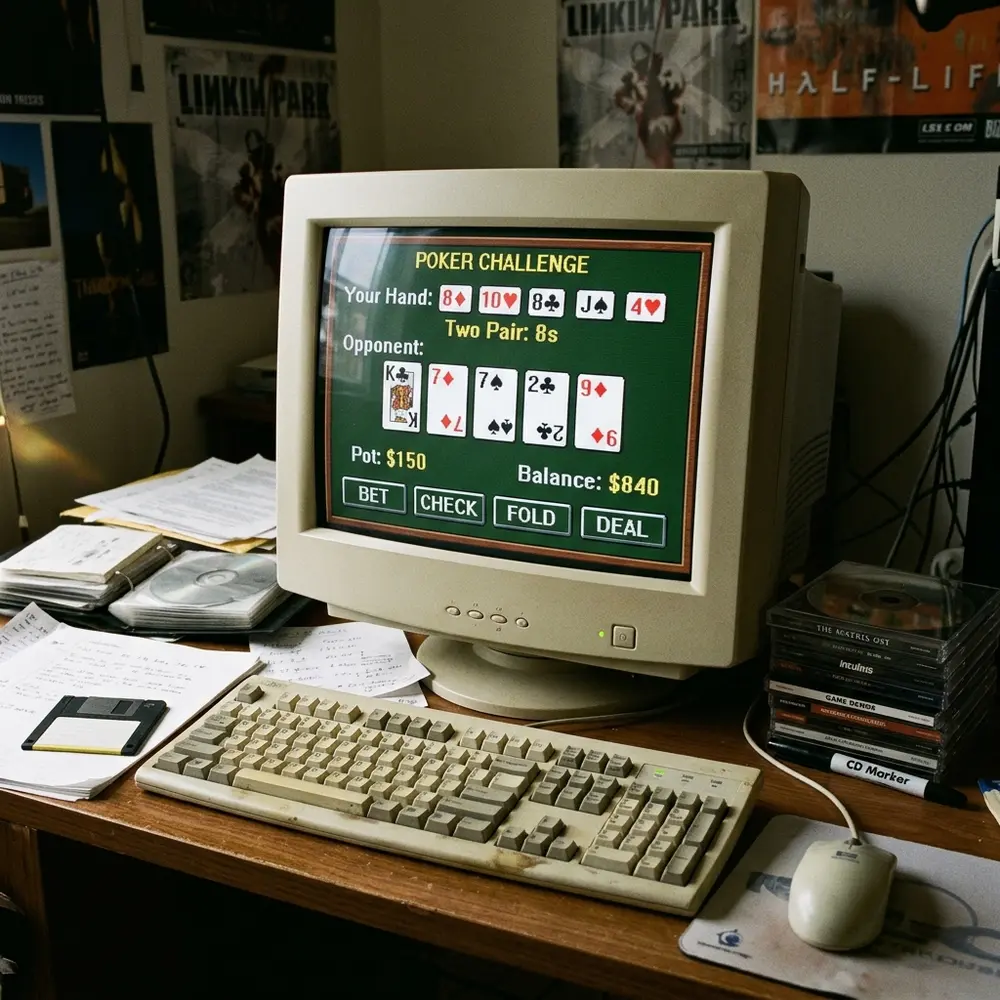 A nostalgic vintage computer monitor from the early 2000s displaying a poker card game interface